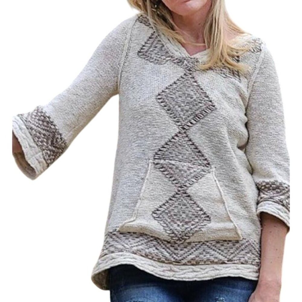 Free People Hooded Knit Sweater Size Small With Geometric Pattern Beige/Brown